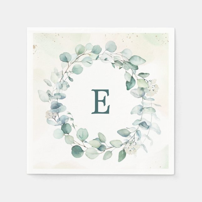 Eucalyptus Greenery Wreath Monogram Wedding Napkins (Front)