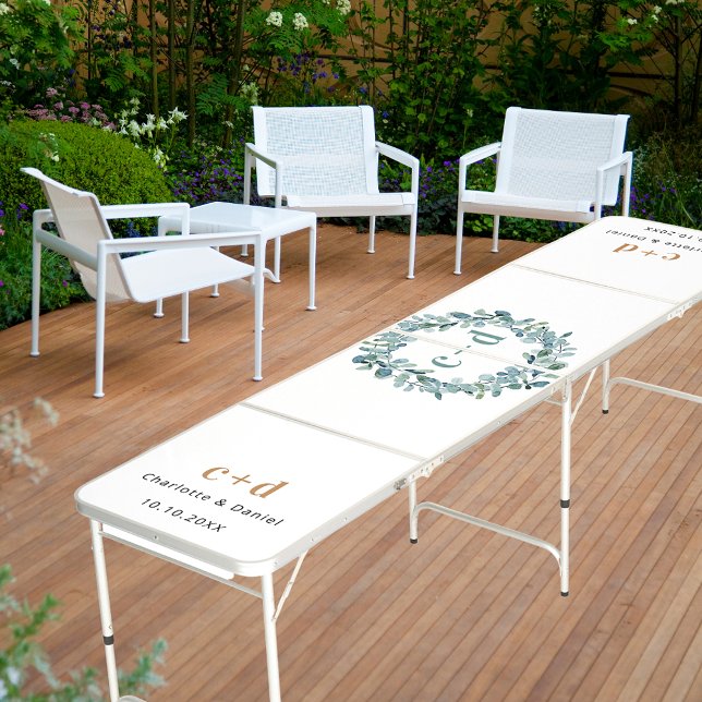 Eucalyptus greenery wreath monogram wedding white beer pong table (Creator Uploaded)