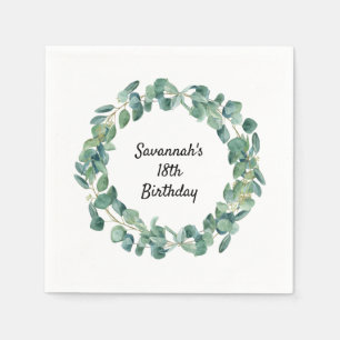Eucalyptus greenery wreath name script birthday napkins