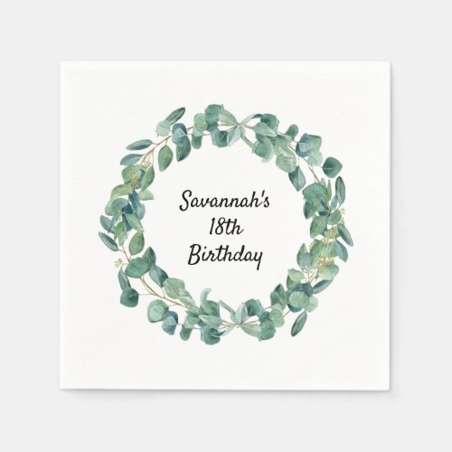 Eucalyptus greenery wreath name script birthday napkins