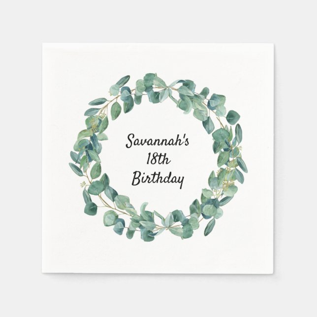 Eucalyptus greenery wreath name script birthday napkins (Front)