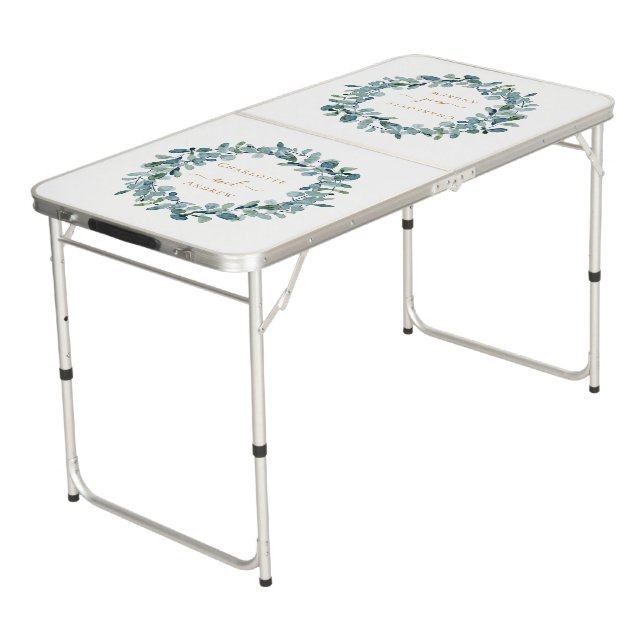 Eucalyptus greenery wreath names wedding white beer pong table (Angled)