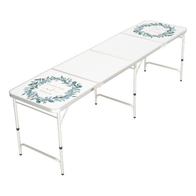 Eucalyptus greenery wreath names wedding white beer pong table (Angled)