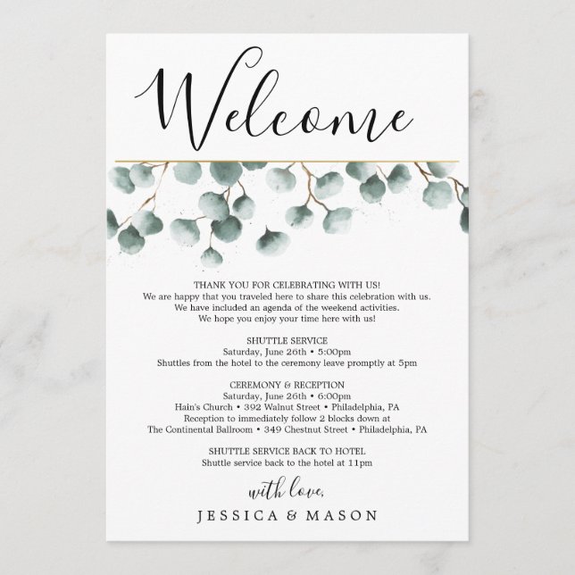 Eucalyptus Greens Wedding Welcome Itinerary Letter Program (Front)