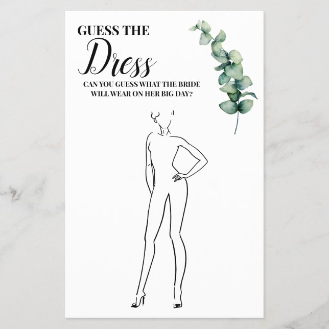 Eucalyptus Guess the Dress Bridal Shower game Card Flyer (Front)