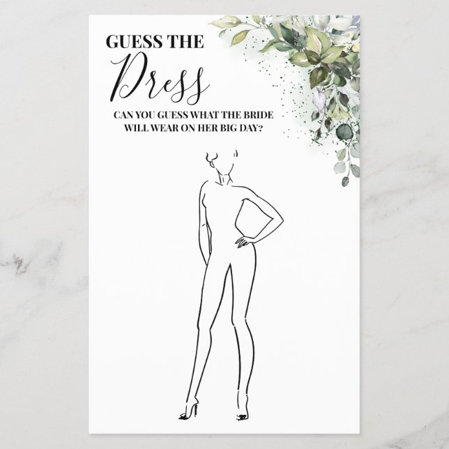 Eucalyptus Guess the Dress Bridal Shower game Card Flyer (Front)