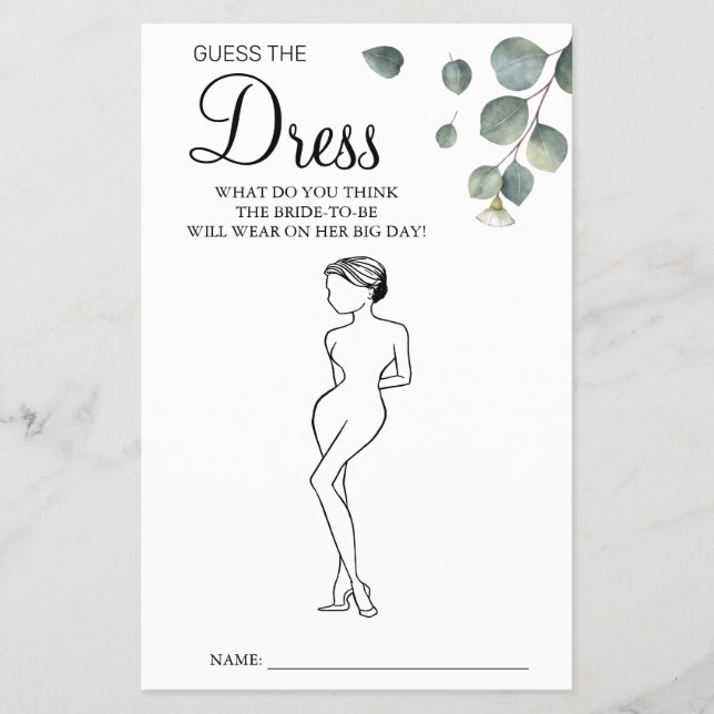 Eucalyptus Guess the Dress Bridal shower game card Flyer (Front)
