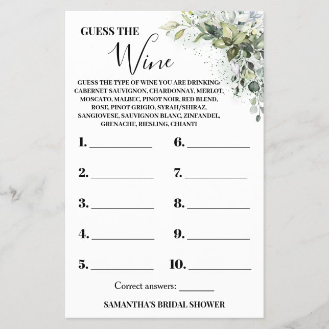 Eucalyptus Guess the Wine Bridal Shower Game Card Flyer (Front)