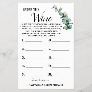 Eucalyptus Guess the Wine Couples Shower Game Card Flyer