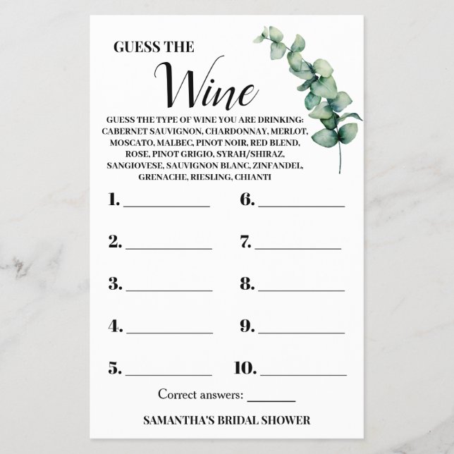 Eucalyptus Guess the Wine Couples Shower Game Card Flyer (Front)