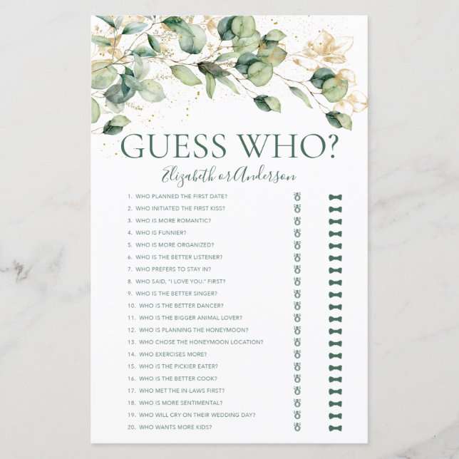Eucalyptus Guess Who Bridal Shower Game (Front)