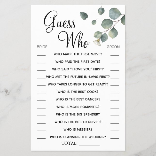 Eucalyptus Guess Who Bridal shower game card Flyer (Front)