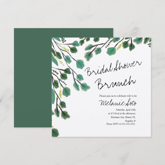 Eucalyptus Hand Drawn Leaf Script Bridal Shower Invitation (Front/Back)