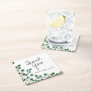Eucalyptus Hand Drawn Leaf Thank You   Square Paper Coaster