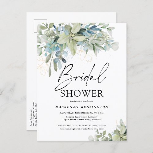 Eucalyptus Handwritten Script Bridal Shower Invitation Postcard