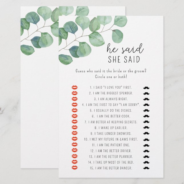 Eucalyptus - He said she said bridal shower game (Front/Back)