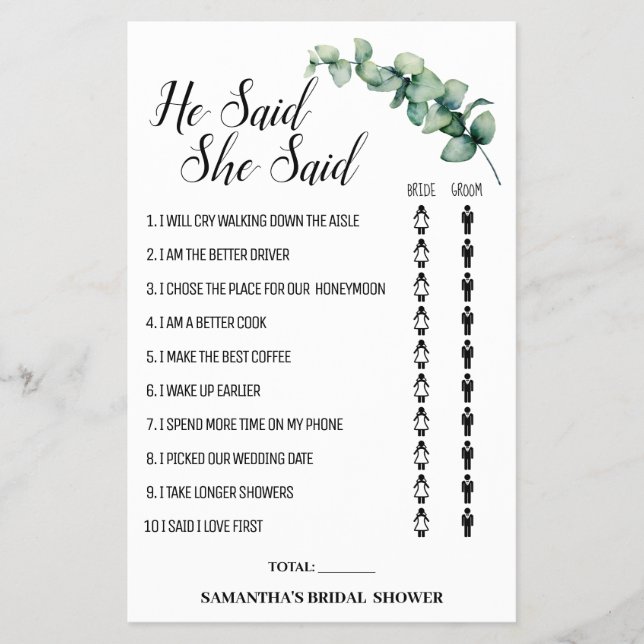 Eucalyptus He said She said Shower game card Flyer (Front)