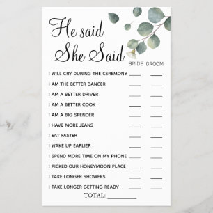 Eucalyptus He said She Said shower game card Flyer