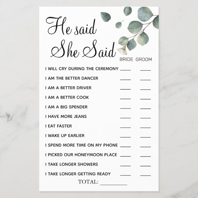 Eucalyptus He said She Said shower game card Flyer (Front)