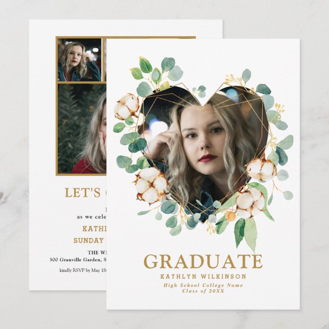Eucalyptus Heart Wreath Gold Geometric Photo Grad Invitation (Front/Back)