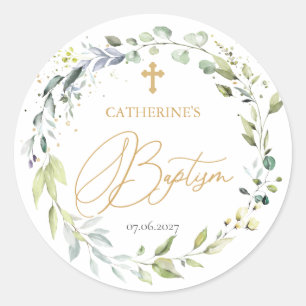 Eucalyptus Herbal Cross Baby Baptism Classic Round Sticker