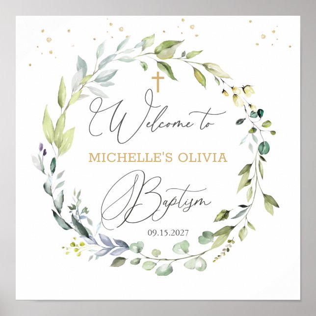 Eucalyptus Herbal Cross Baby Baptism Poster (Front)