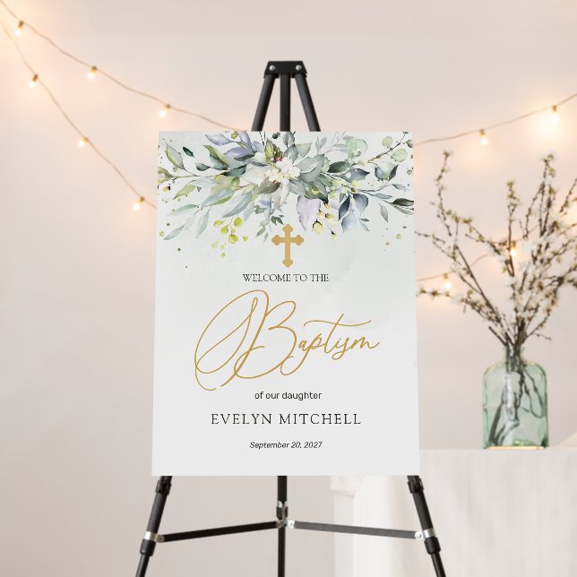 Eucalyptus Herbal Cross Baptism Welcome Sign (In Situ (Stand))