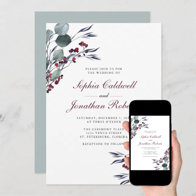 Eucalyptus Holly Berries Qr Code Rsvp Wedding Invitation Zazzle