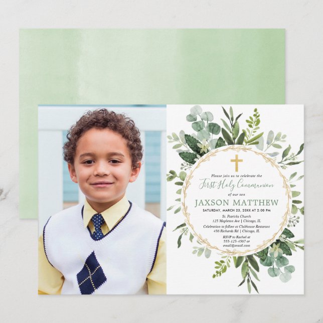 Eucalyptus holy communion, greenery modern photo invitation (Front/Back)