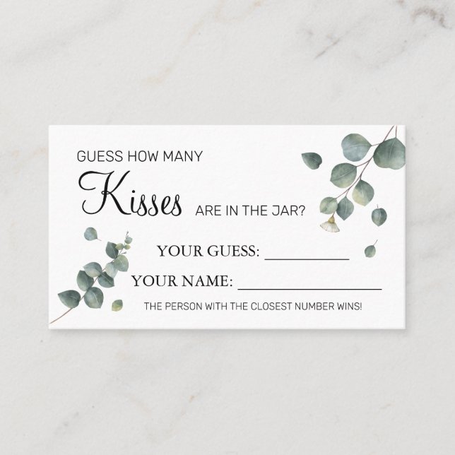 Eucalyptus How many kisses Bridal Shower card game (Front)