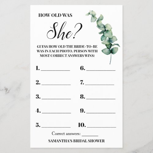 Eucalyptus How old was She Bridal Shower Game Card Flyer