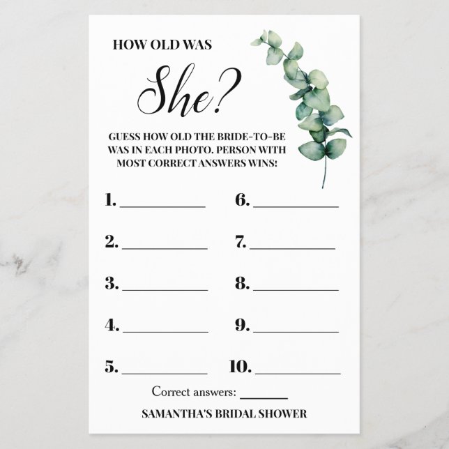 Eucalyptus How old was She Bridal Shower Game Card Flyer (Front)