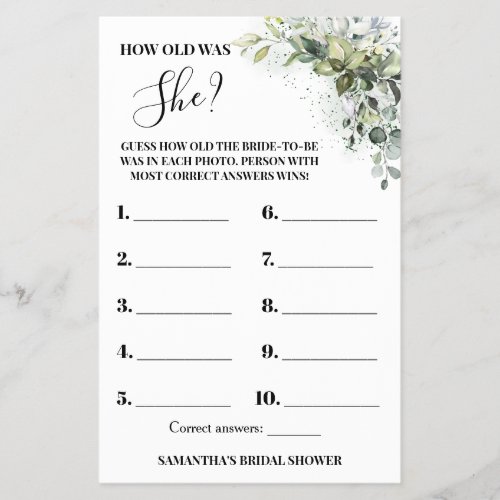 Eucalyptus How old was She Bridal Shower Game Card Flyer