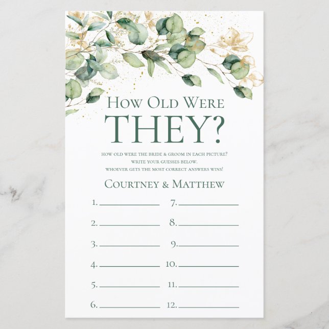 Eucalyptus How Old Were They Bridal Shower Game (Front)