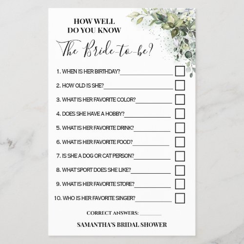 Eucalyptus How well do you know Bride Game card Flyer