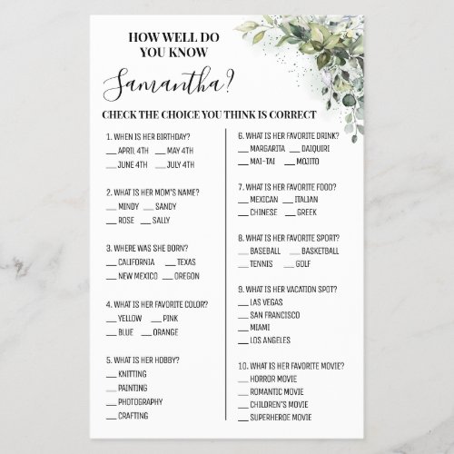 Eucalyptus How well do you know Bride Game card Flyer