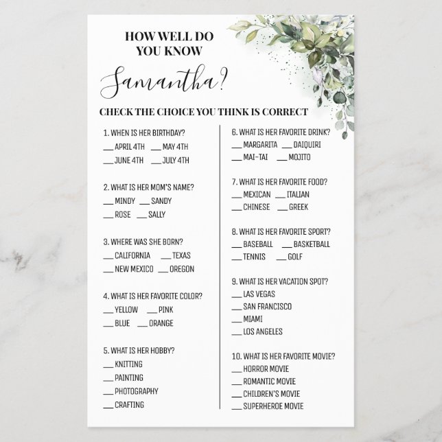 Eucalyptus How well do you know Bride Game card Flyer (Front)