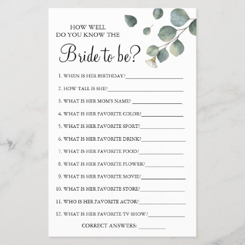 Eucalyptus How well do you know bride game card Flyer