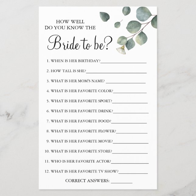 Eucalyptus How well do you know bride game card Flyer (Front)