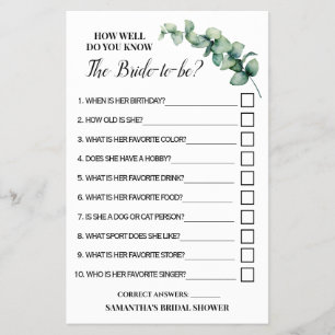 Eucalyptus How well do you know Bride Game card Flyer