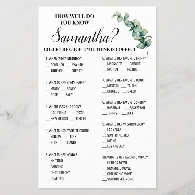 Eucalyptus How well do you know Bride Game card Flyer (Front)
