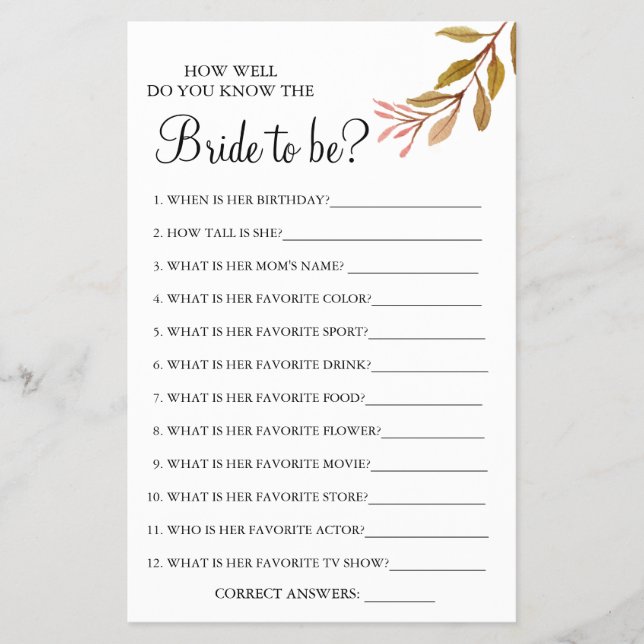 Eucalyptus How well do you know bride game card Flyer (Front)