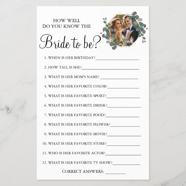 Eucalyptus How well do you know bride game card Flyer (Front)