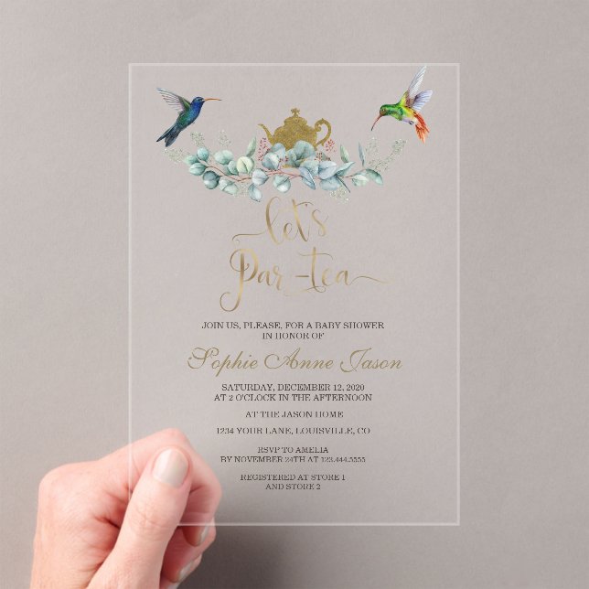 Eucalyptus Hummingbirds Boy Tea Baby Shower Acrylic Invitations (Insitu (Handheld))