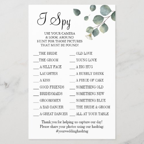 Eucalyptus I spy wedding reception game card Flyer