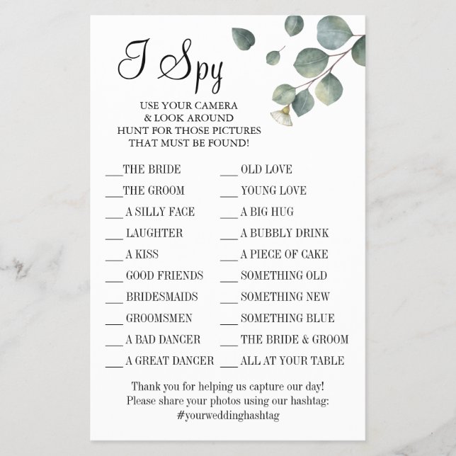 Eucalyptus I spy wedding reception game card Flyer (Front)