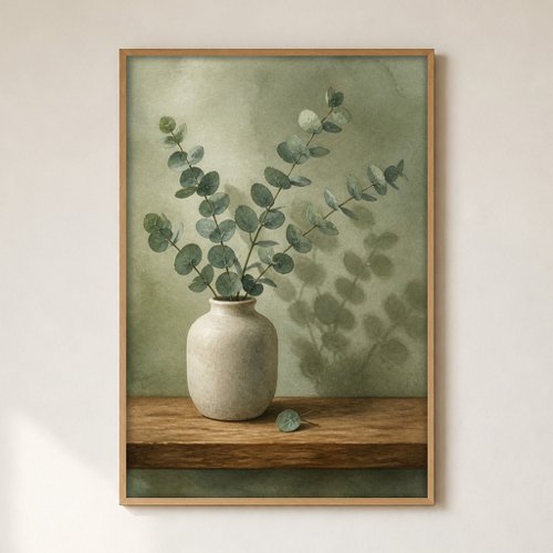 Eucalyptus in a Stoneware Vase Watercolour Poster