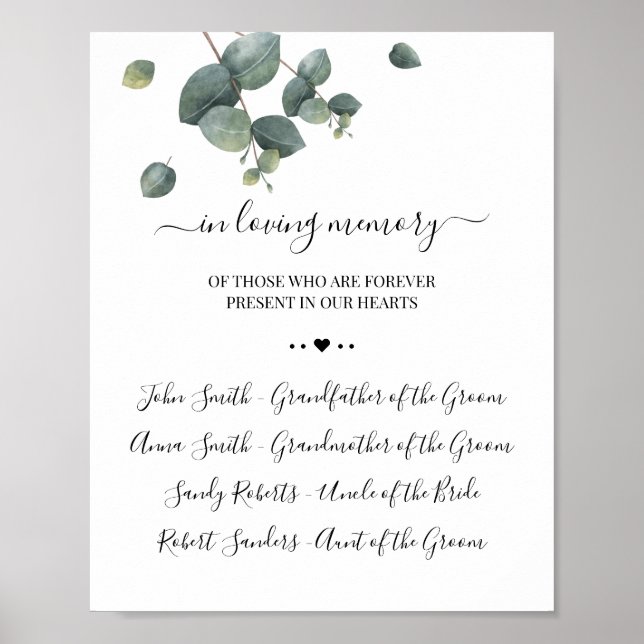 Eucalyptus In loving Memory Remembrance Sign (Front)