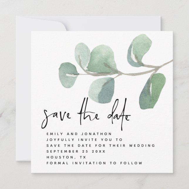 Eucalyptus Informal Script Save the Date Note Card (Front)