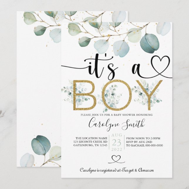 Eucalyptus It's A Boy Baby Shower Editable Invitat Invitation (Front/Back)